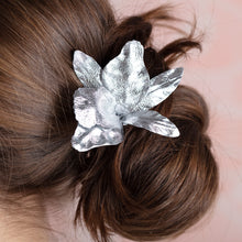 Load image into Gallery viewer, The Pink Reef Silver Leather Orchid French Clip Hair Barrette