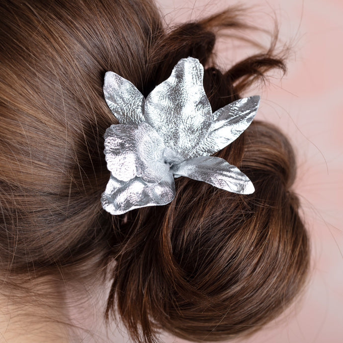 The Pink Reef Silver Leather Orchid French Clip Hair Barrette