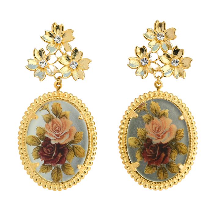 The Pink Reef Large Pink Floral Vintage Cameo Earrings