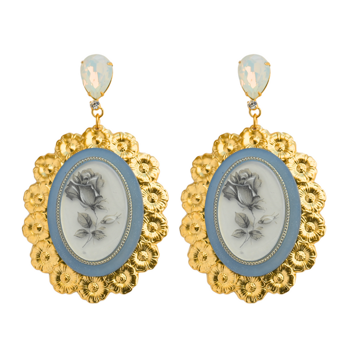 The Pink Reef Large Blue Bouquet Vintage Cameo Earrings
