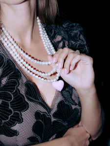 The Pink Reef Triple Strand Pearl Necklace with Light Pink Heart