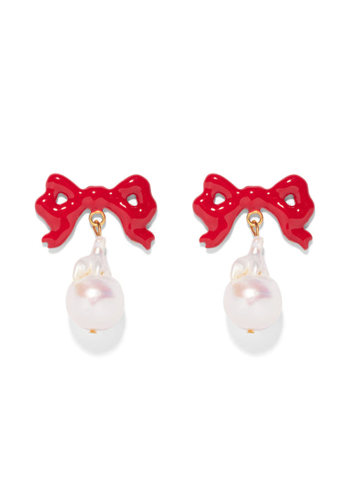 The Pink Reef Red Bow and Baroque Pearl Earring