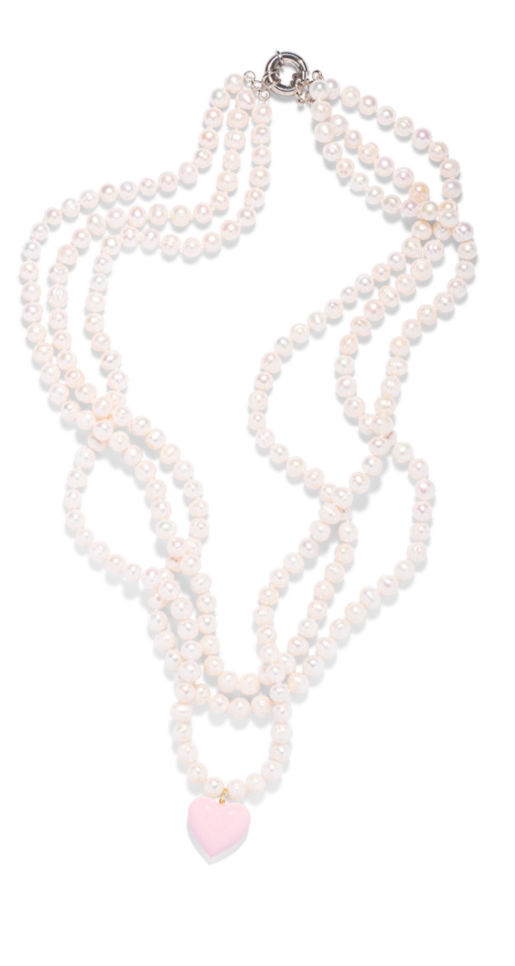 The Pink Reef Triple Strand Pearl Necklace with Light Pink Heart