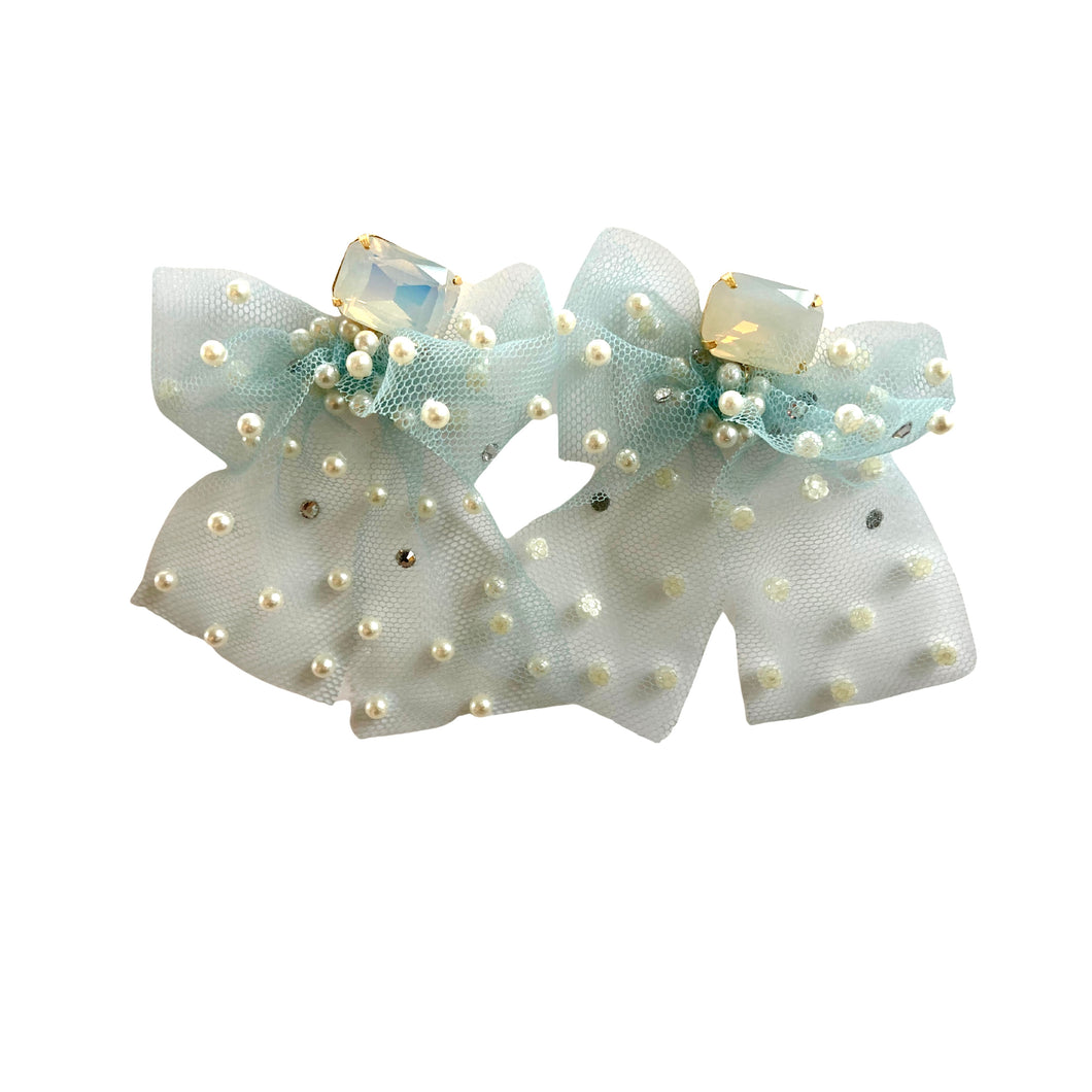 The Pink Reef Tulle Bow in White Opal and Blue