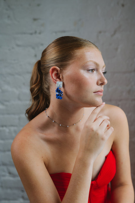 The Pink Reef Royal Blue Handmade Floral Earring with Pearl
