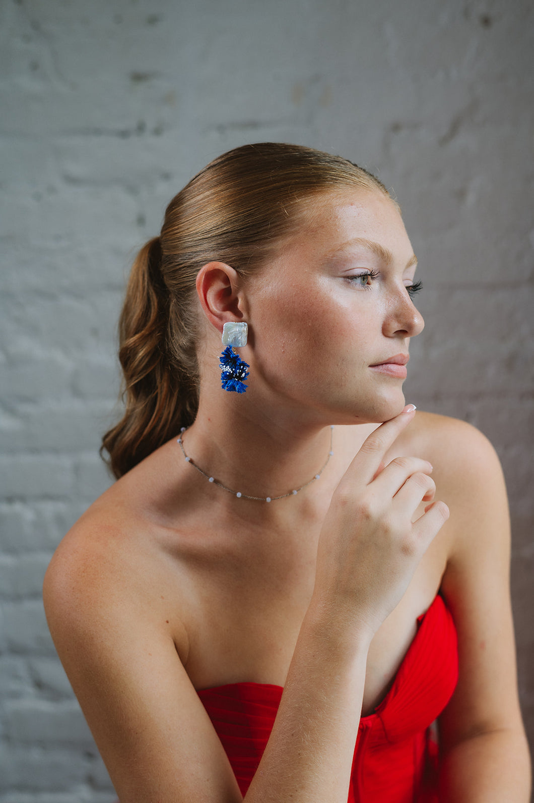 The Pink Reef Royal Blue Handmade Floral Earring with Pearl